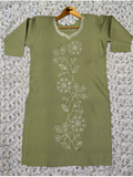 Sage Green Floral Vine Embroidered Kurti with Pearl Neckline