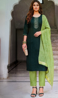 Teal & Sage Green Embroidered 3-Piece Set with Banarasi Dupatta
