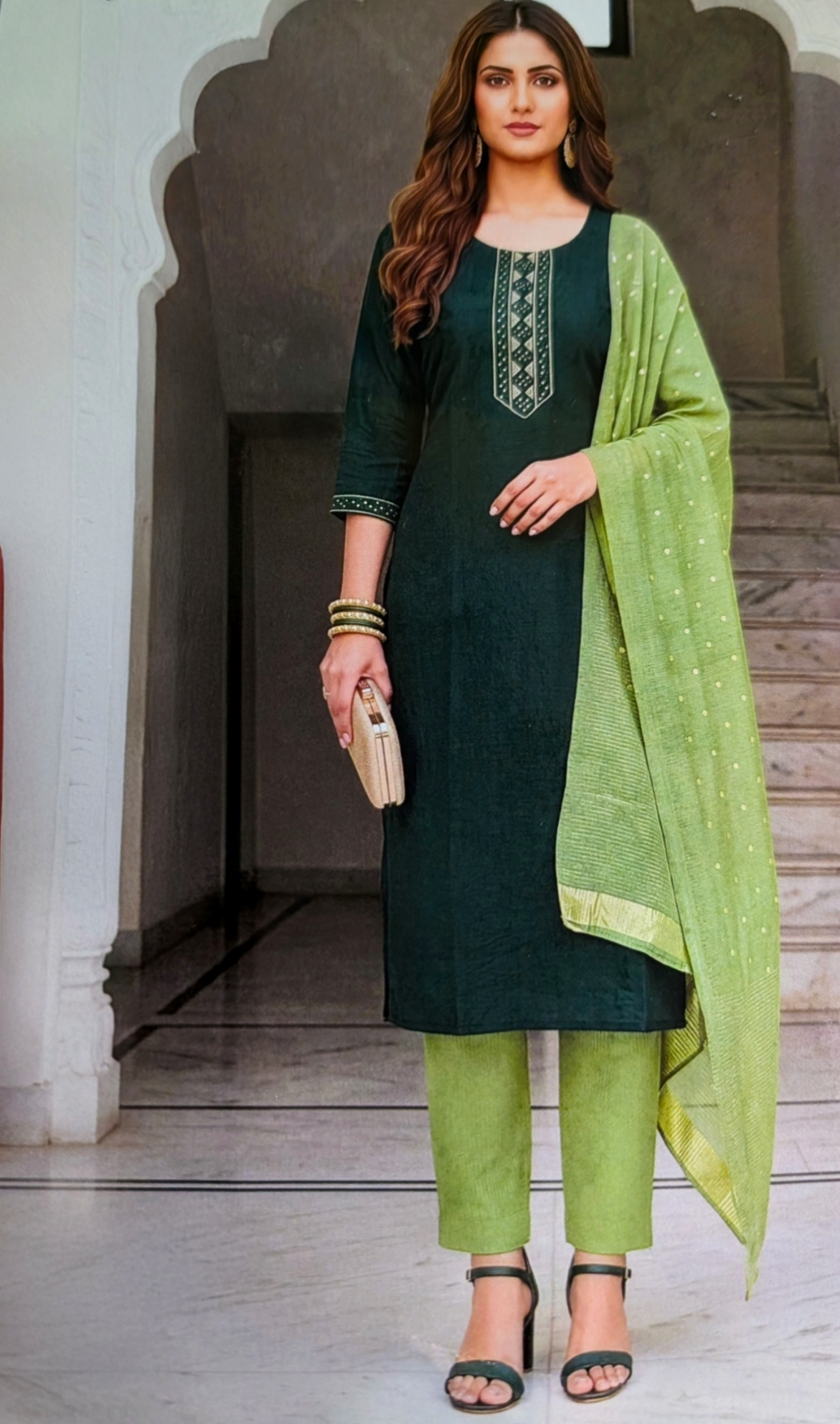 Teal & Sage Green Embroidered 3-Piece Set with Banarasi Dupatta