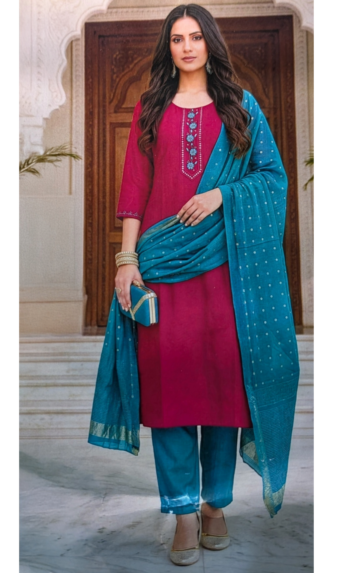 Magenta & Teal Embroidered 3-Piece Set with Banarasi Dupatta