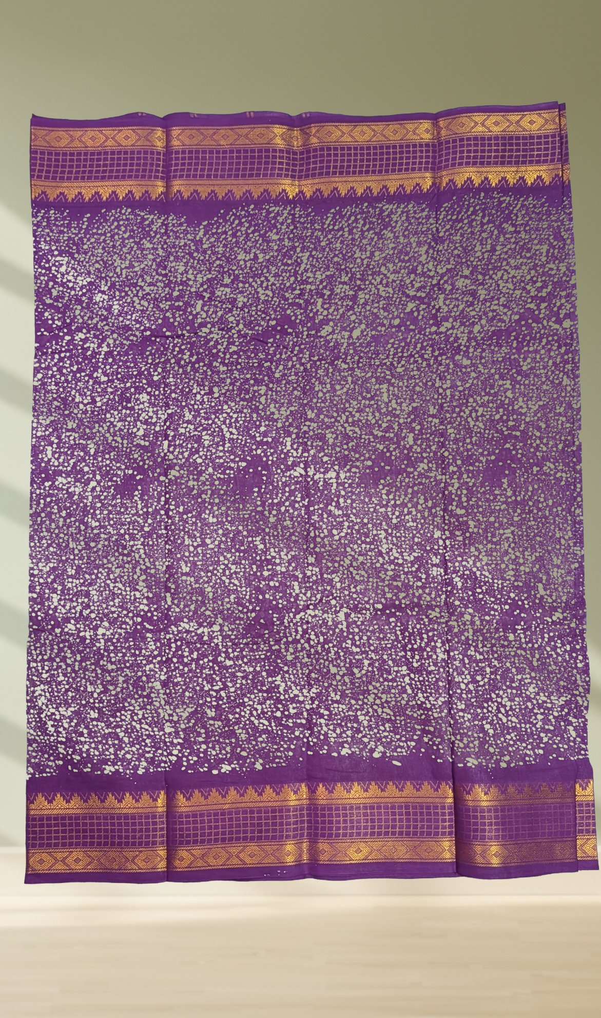 Purple Sungudi Cotton Saree with white dot print and golden zari border