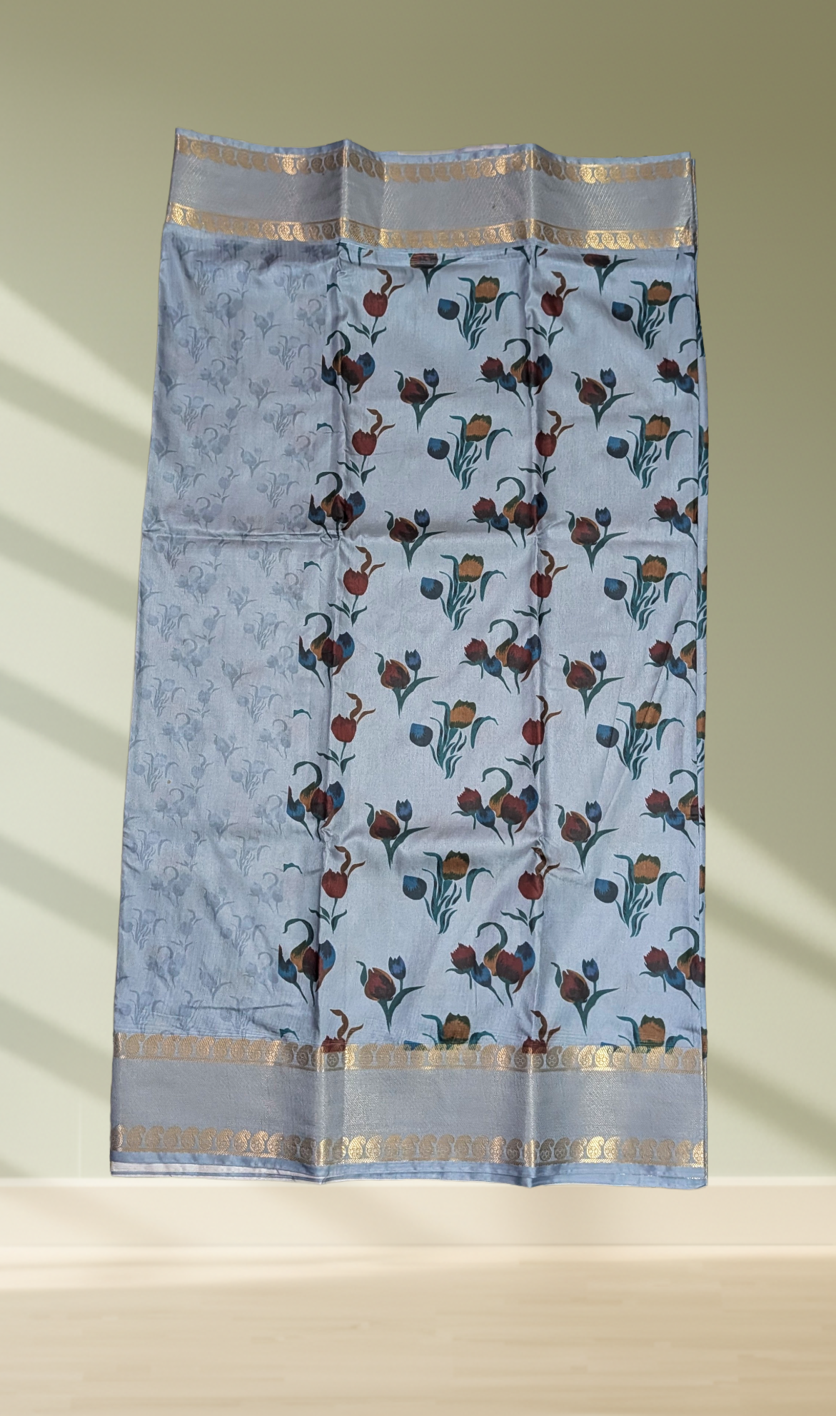Steel Blue Floral Print Mysore Silk Saree with Gold Zari Border
