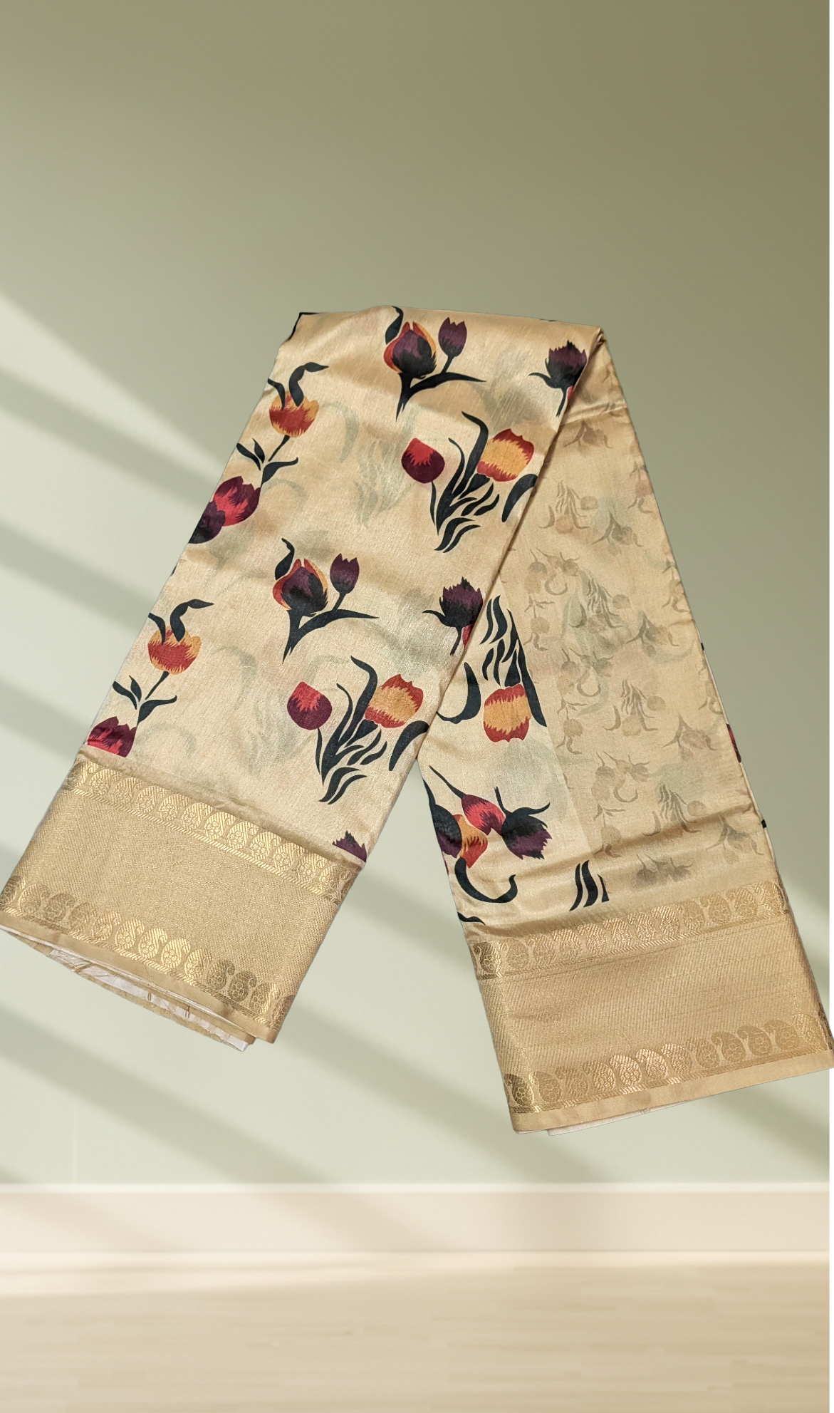 Cream and gold floral tulip print silk saree with zari border