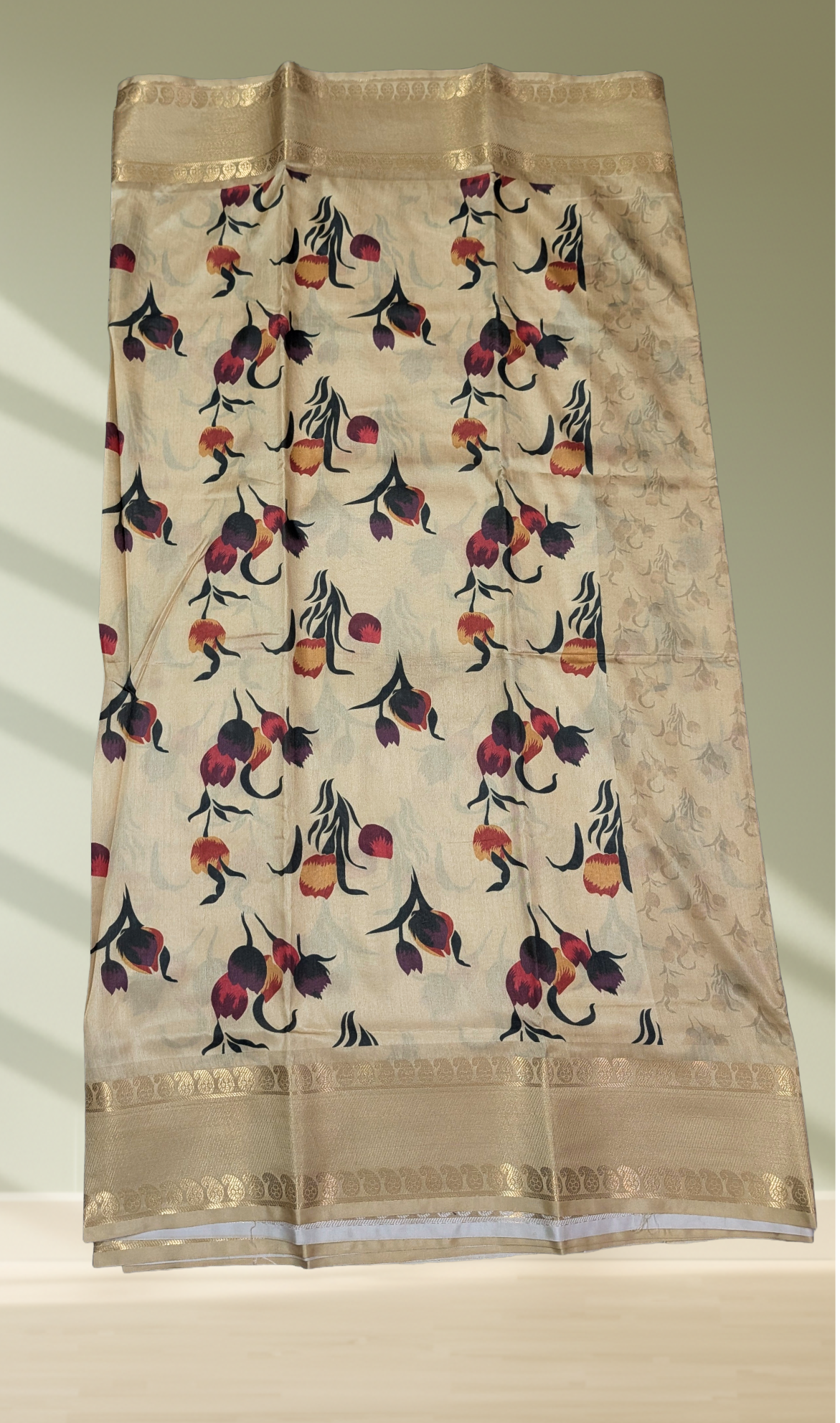 Cream & Gold Floral Tulip Print Mysore Silk Saree with Zari Border