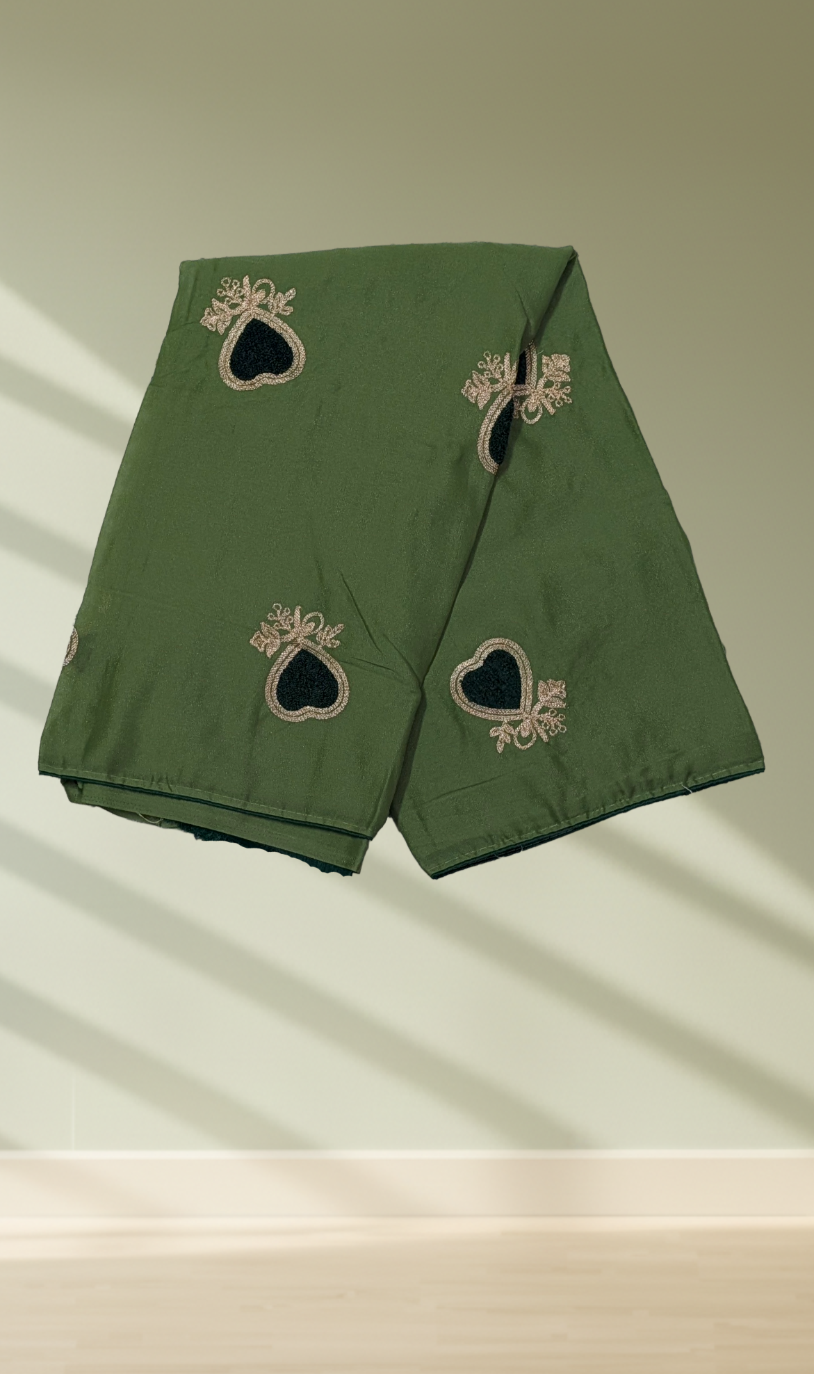 Olive green heart embroidered georgette saree with gold thread work
