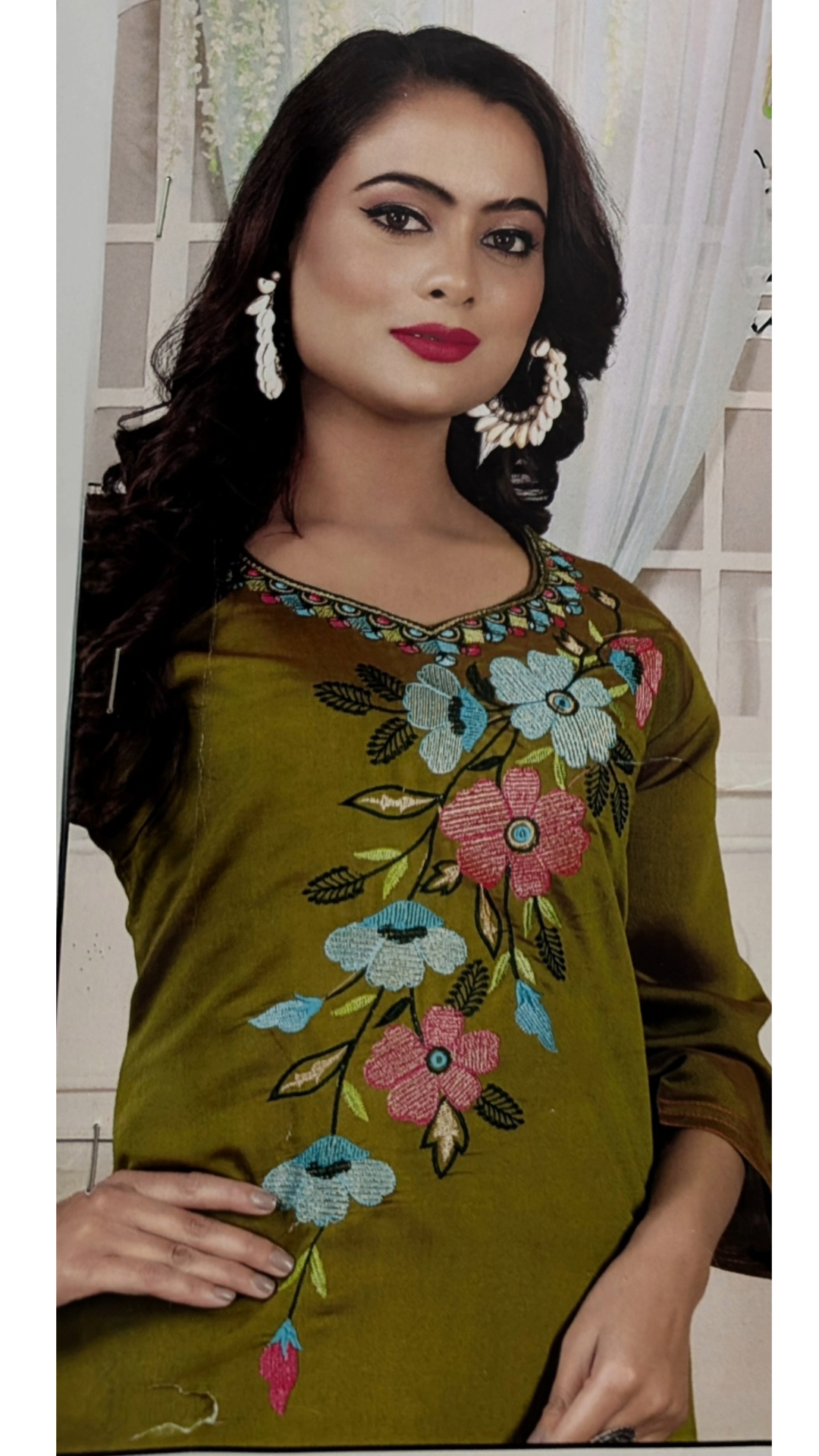 Olive Green Floral Embroidered Kurti