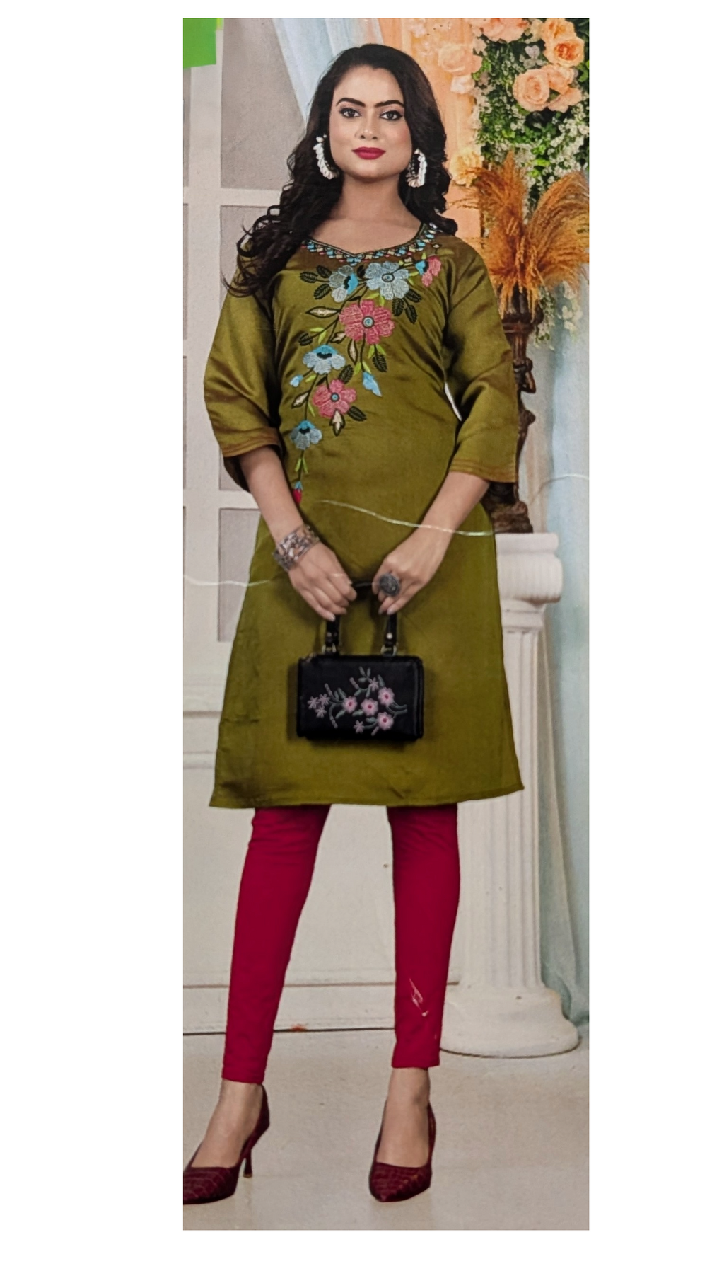 Olive Green Floral Embroidered Kurti