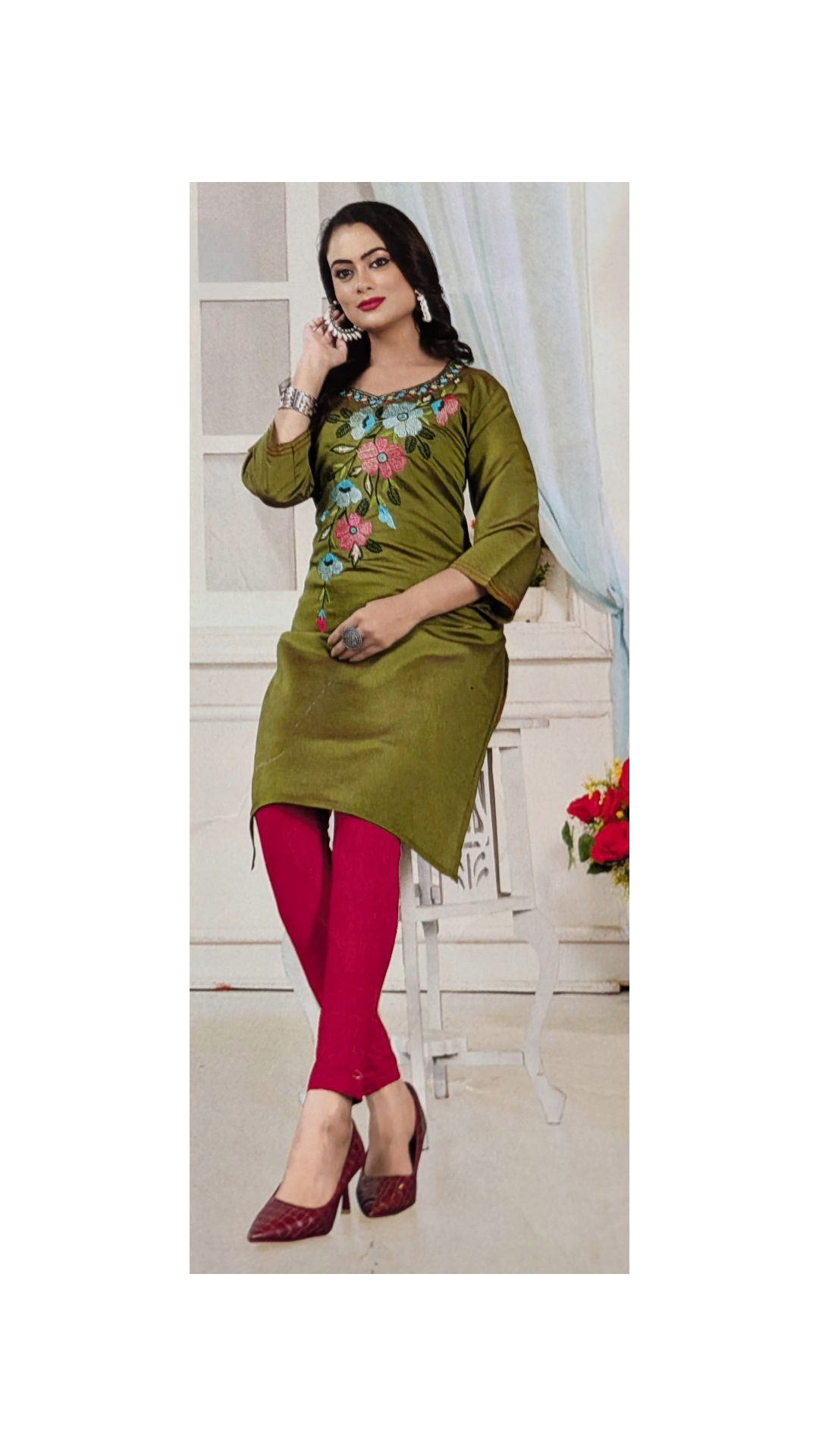 Olive Green Floral Embroidered Kurti