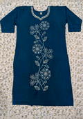 Teal Blue Floral Vine Embroidered Kurti with Pearl & Mirror Neckline