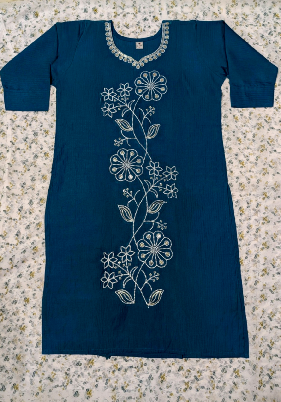 Teal Blue Floral Vine Embroidered Kurti with Pearl & Mirror Neckline