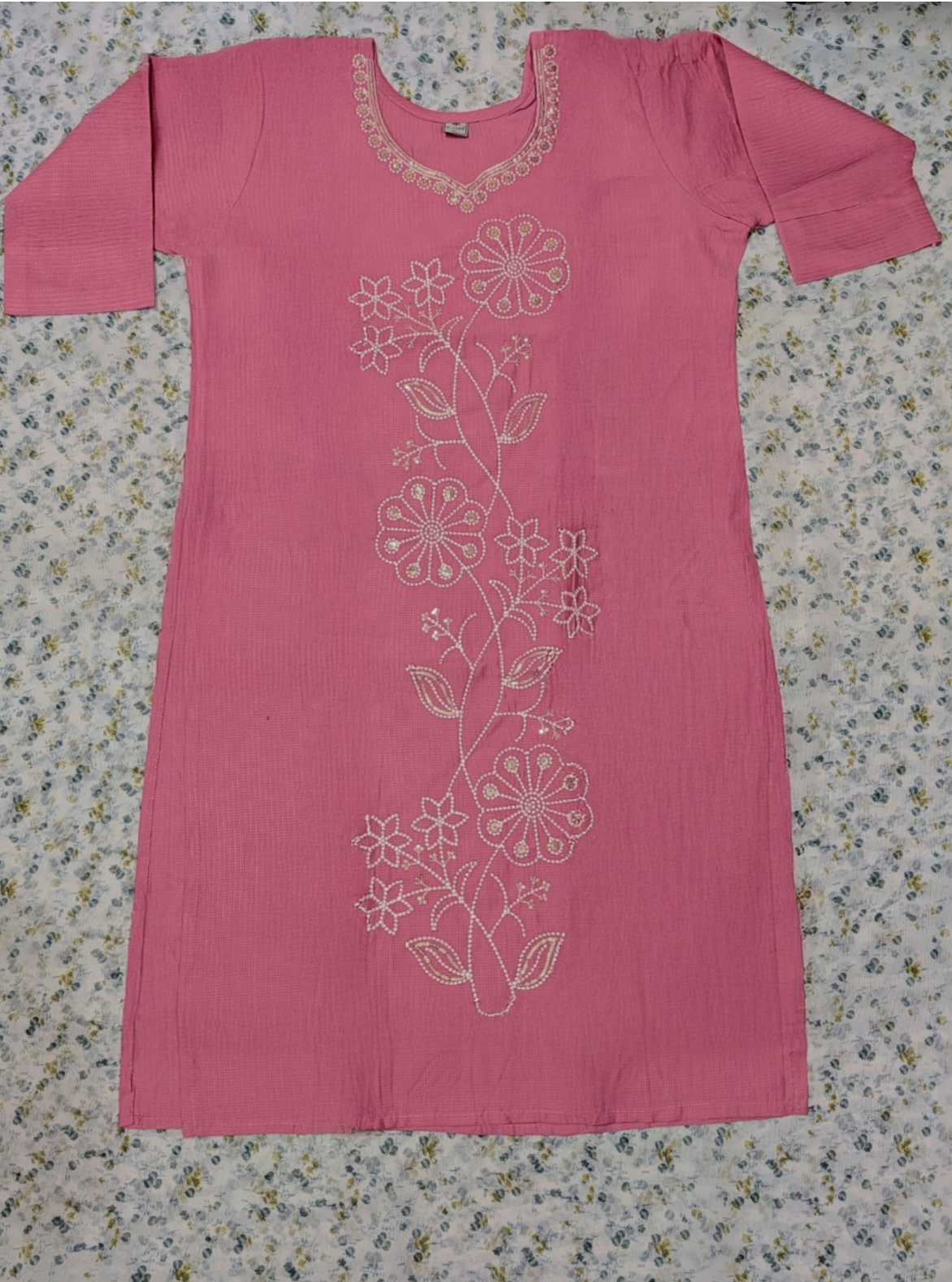 Dusty Rose Pink Floral Vine Embroidered Kurti with Pearl Neckline