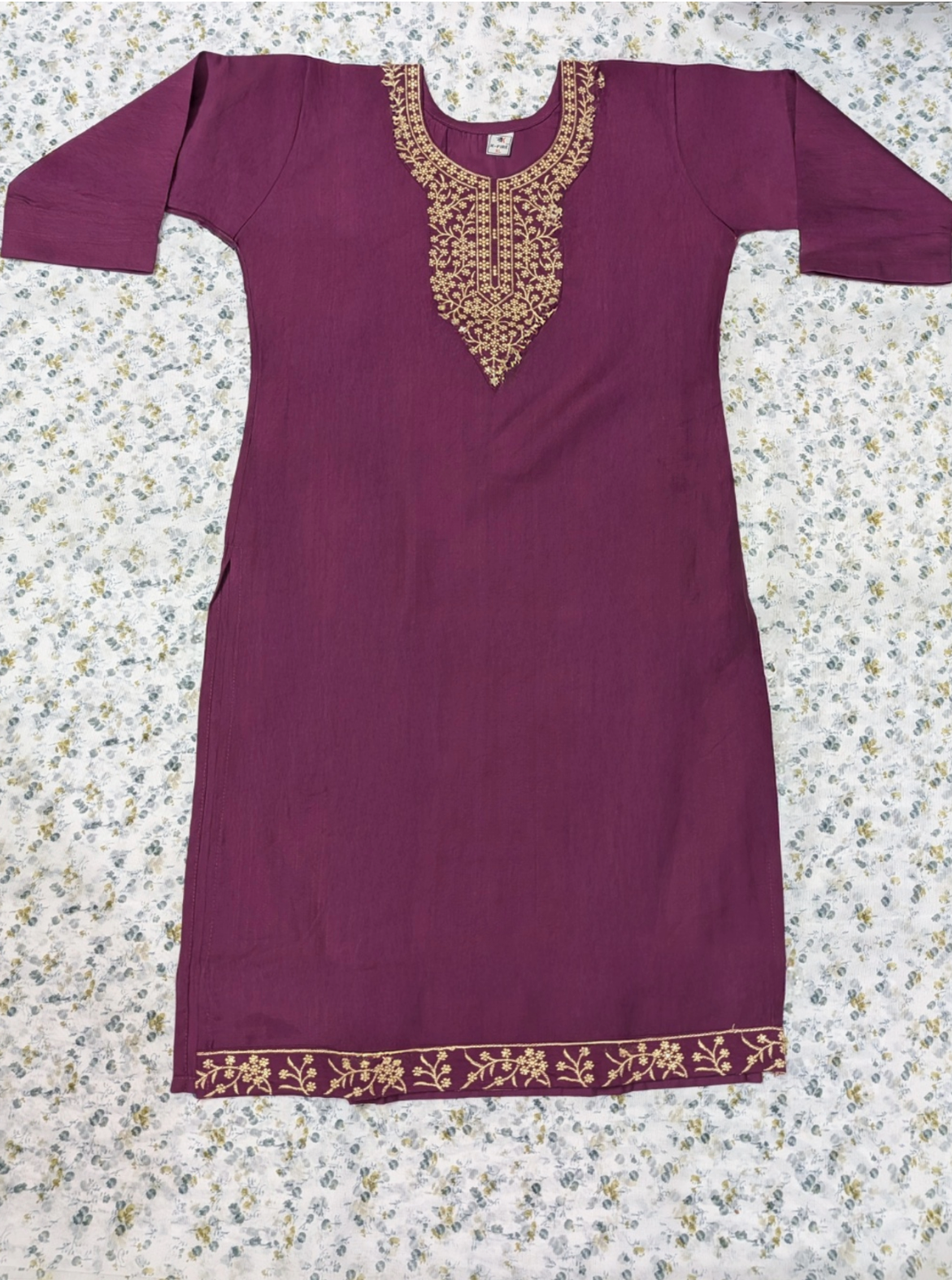 Wine Berry Kurti with Gold Zardozi Embroidered Neckline & Hem