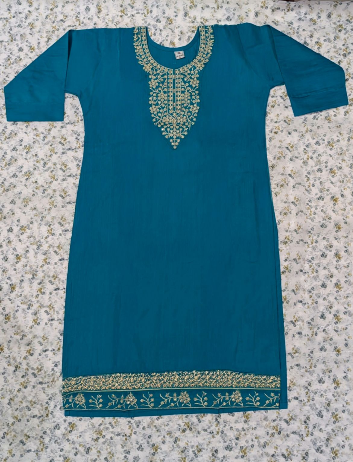 Teal Kurti with Gold Zardozi Embroidered Neckline & Hem