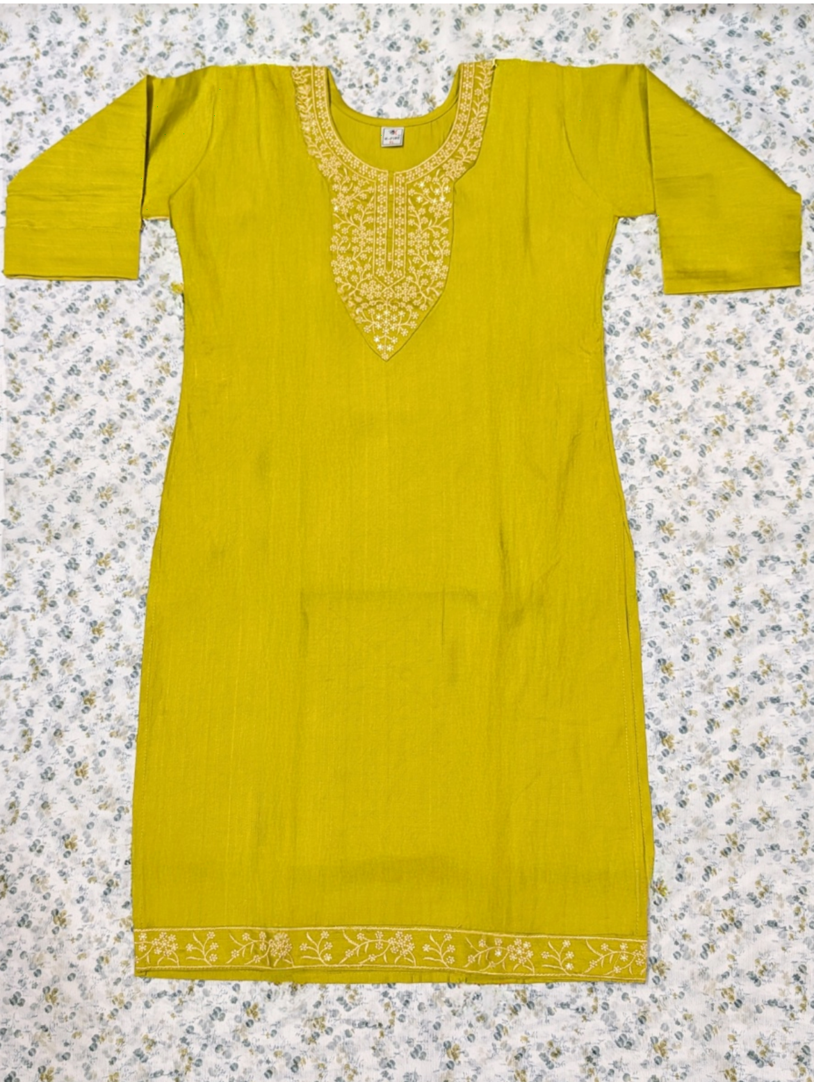 Mustard Yellow Kurti with Gold Zardozi Embroidered Neckline & Hem
