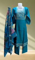 Teal Blue Geometric Embroidered Kurti with Palazzo & Floral Dupatta Set