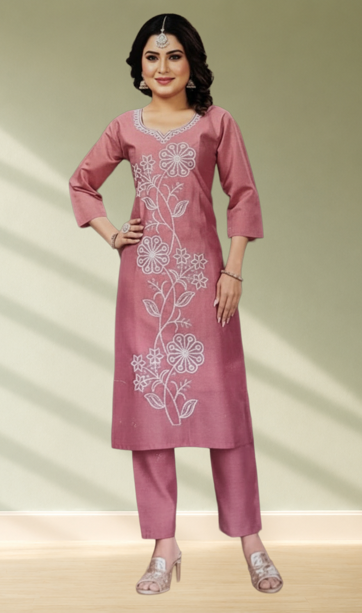 Dusty Rose Pink Floral Vine Embroidered Kurti with Pearl Neckline